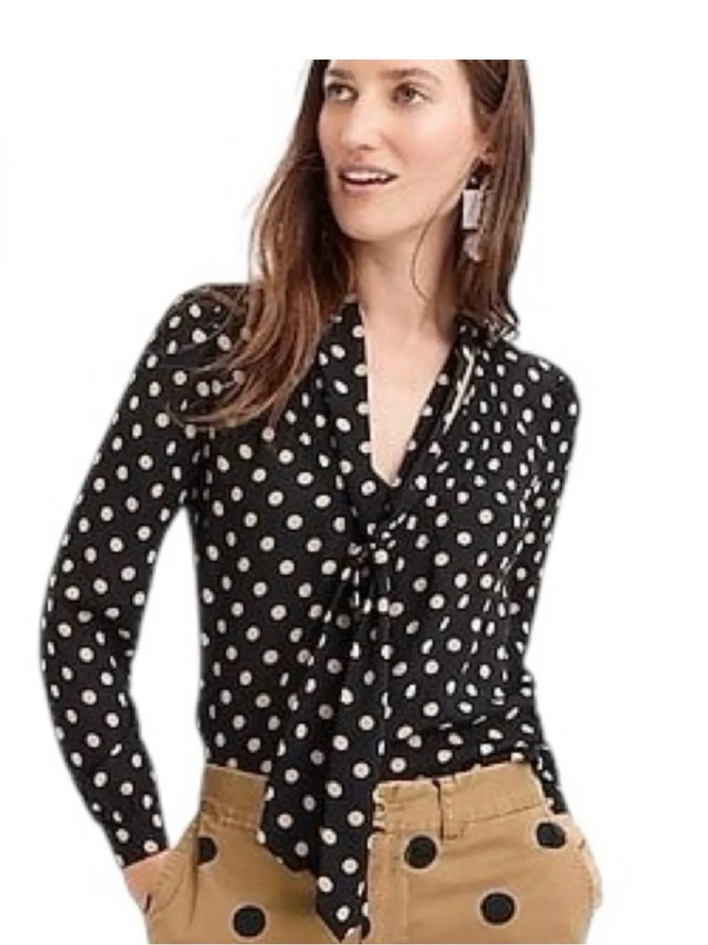 J.Crew 365 Polka Dot Tie Neck Pintuck Pleat Blouse |  Black Tan | Size 10